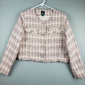 Size XL‎ Boucle Tweed Boxy Blazer Jacket Pink Beige Preppy Old Money Academia